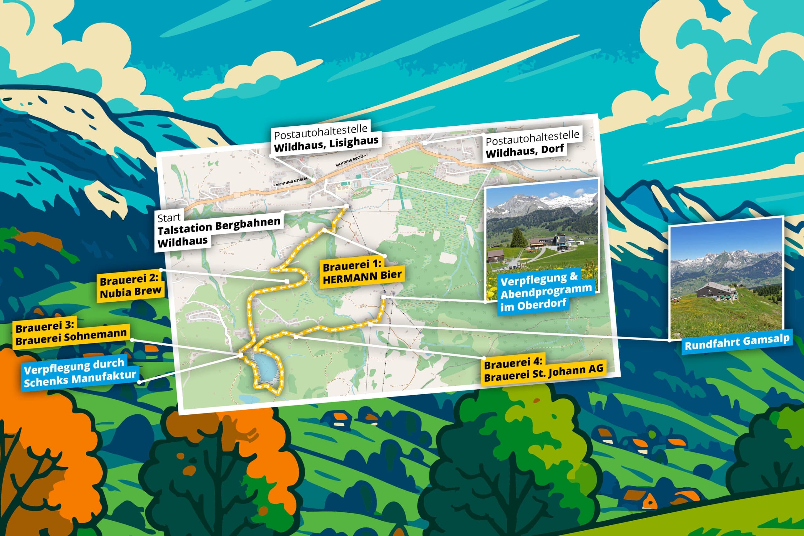 Karte: Route Herbst – von der Postautohaltestelle Wildhaus, Lisighaus zur Talstation Bergbahn Wildhaus